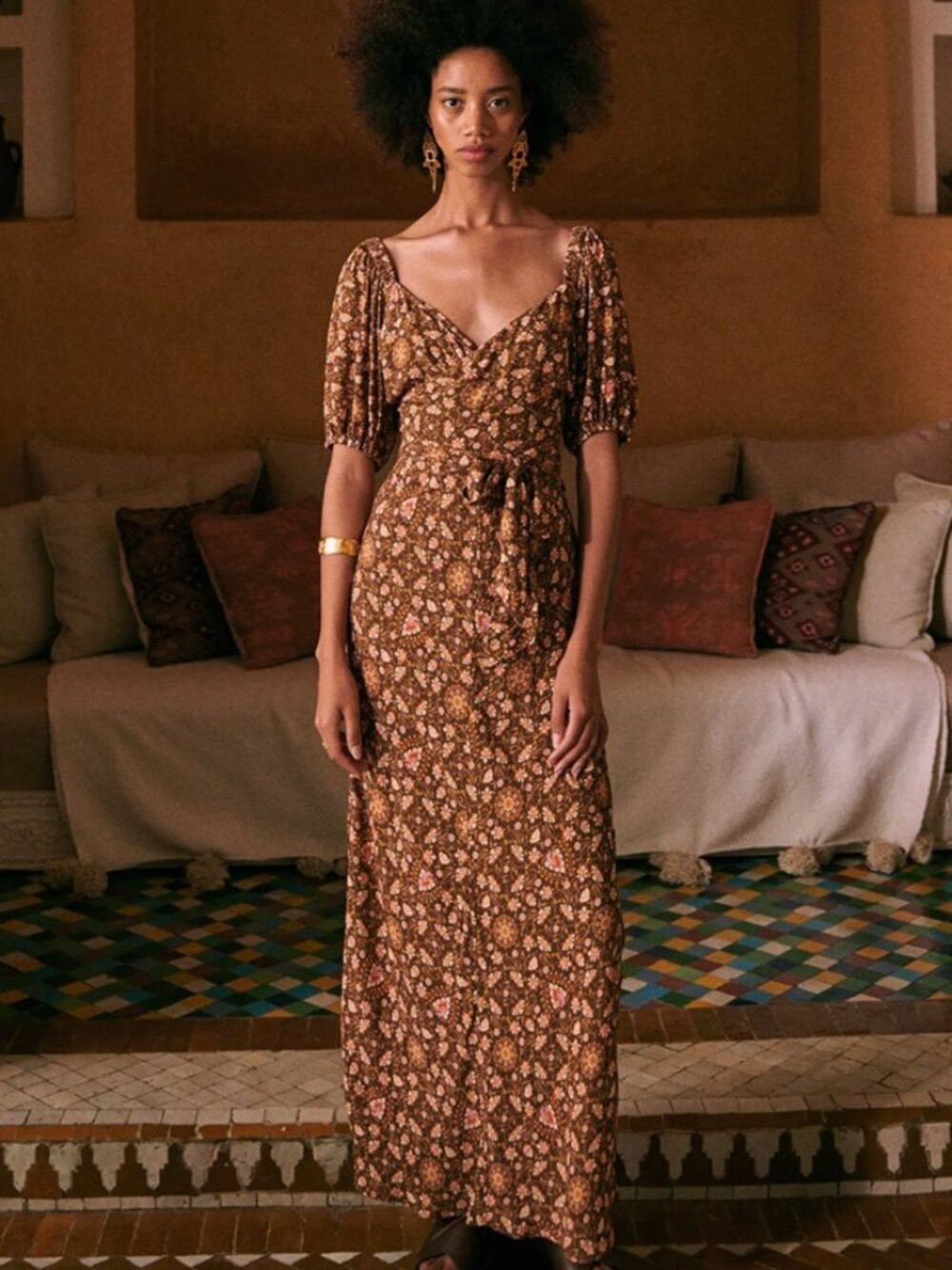 Spell Madame Peacock Sweetheart Dress in Coffee Brown - Boho Floral Maxi XS